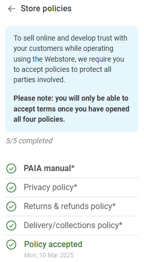 Step 6: Read through and accept your Webstore policies